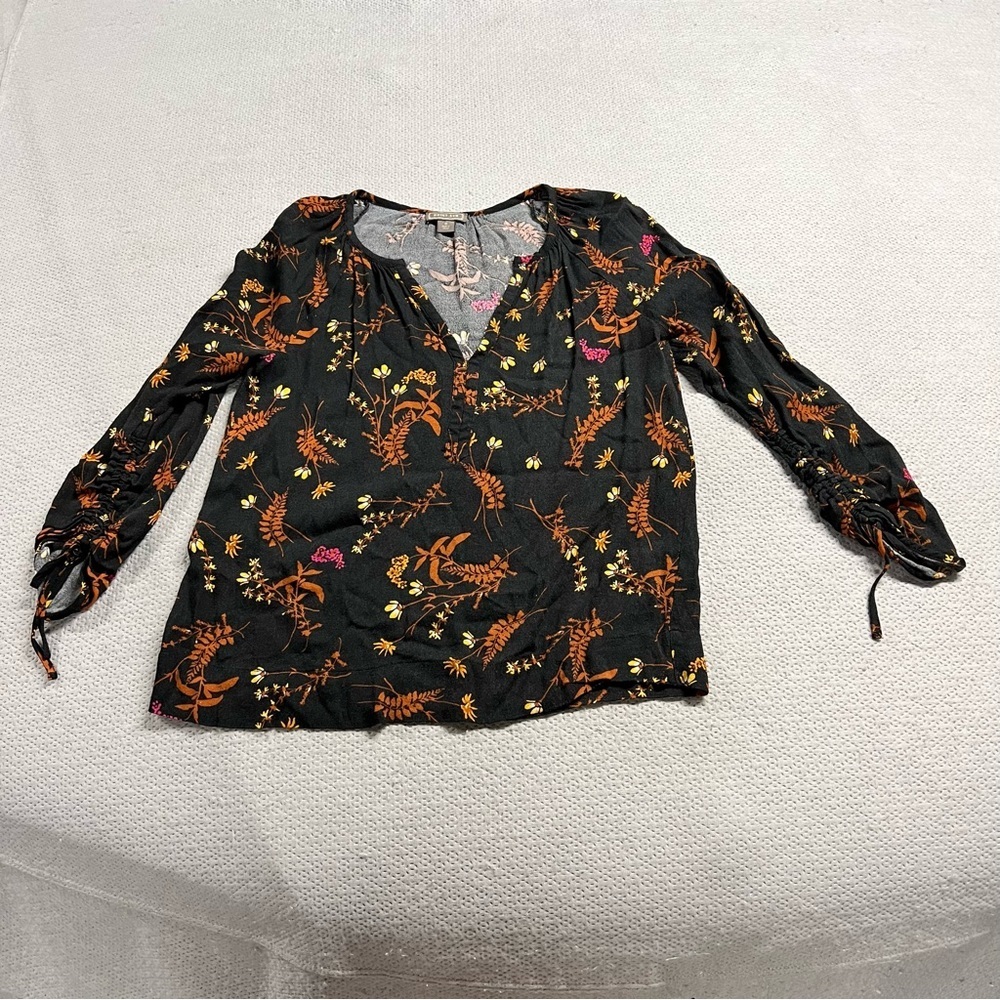 Point Sur Black Orange Autumn Floral Print Popover Blouse Size Small EUC